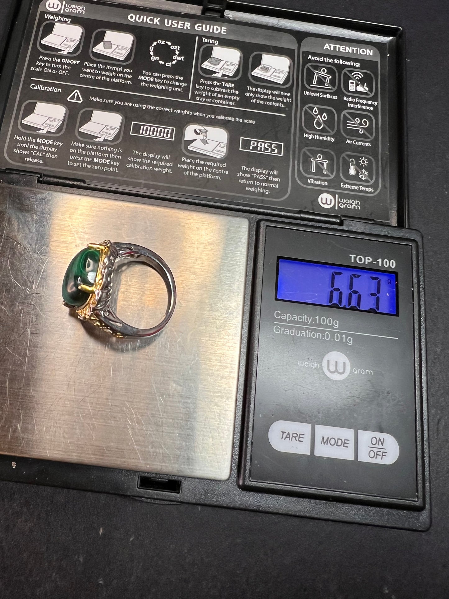 Karis Platinum & 18K Gold Plated Malachite Statement Ring Size 7