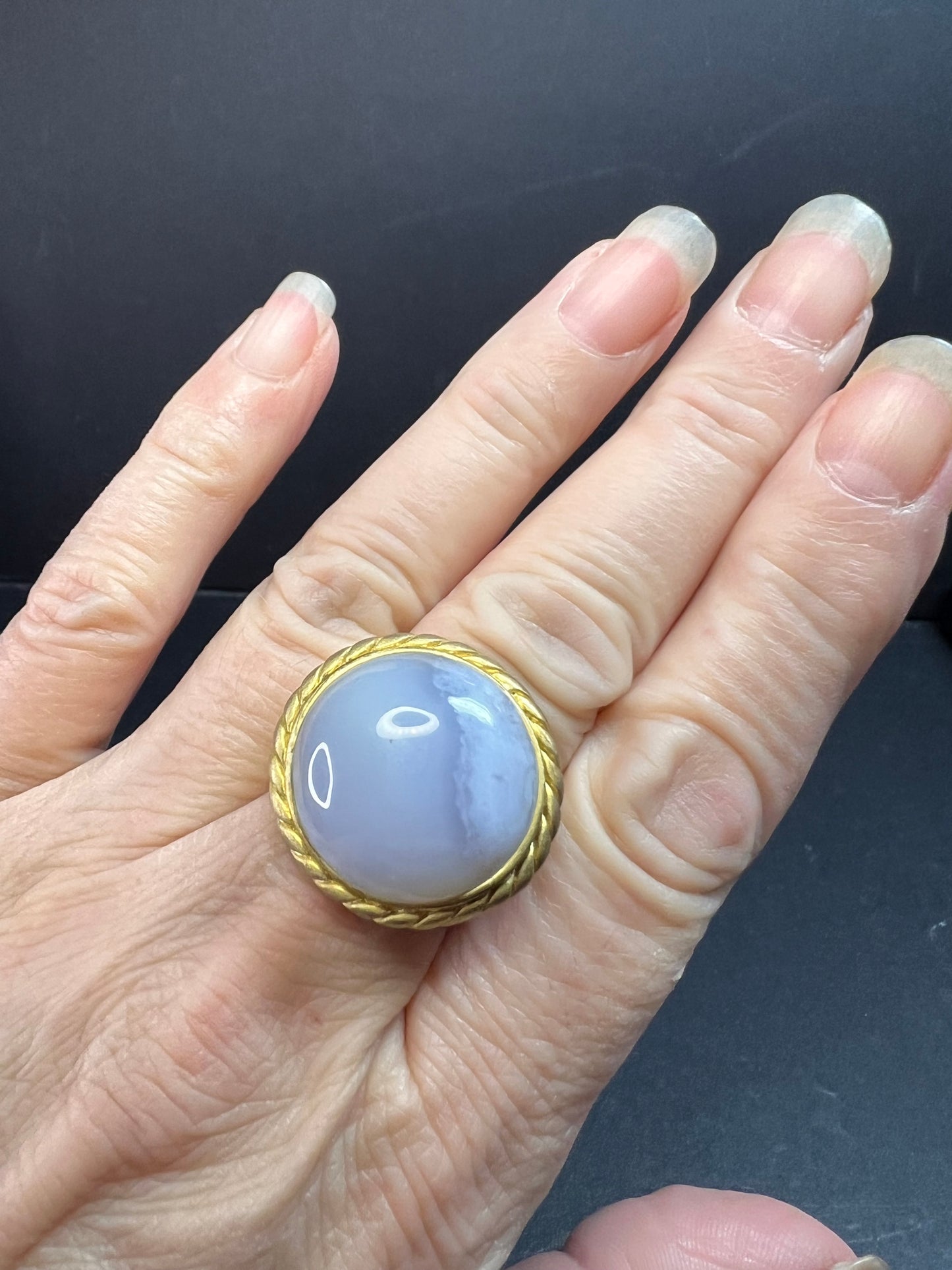 Glow By Sheila Fajl Signed Blue Agate Ring brushed 18kt Plated size 7