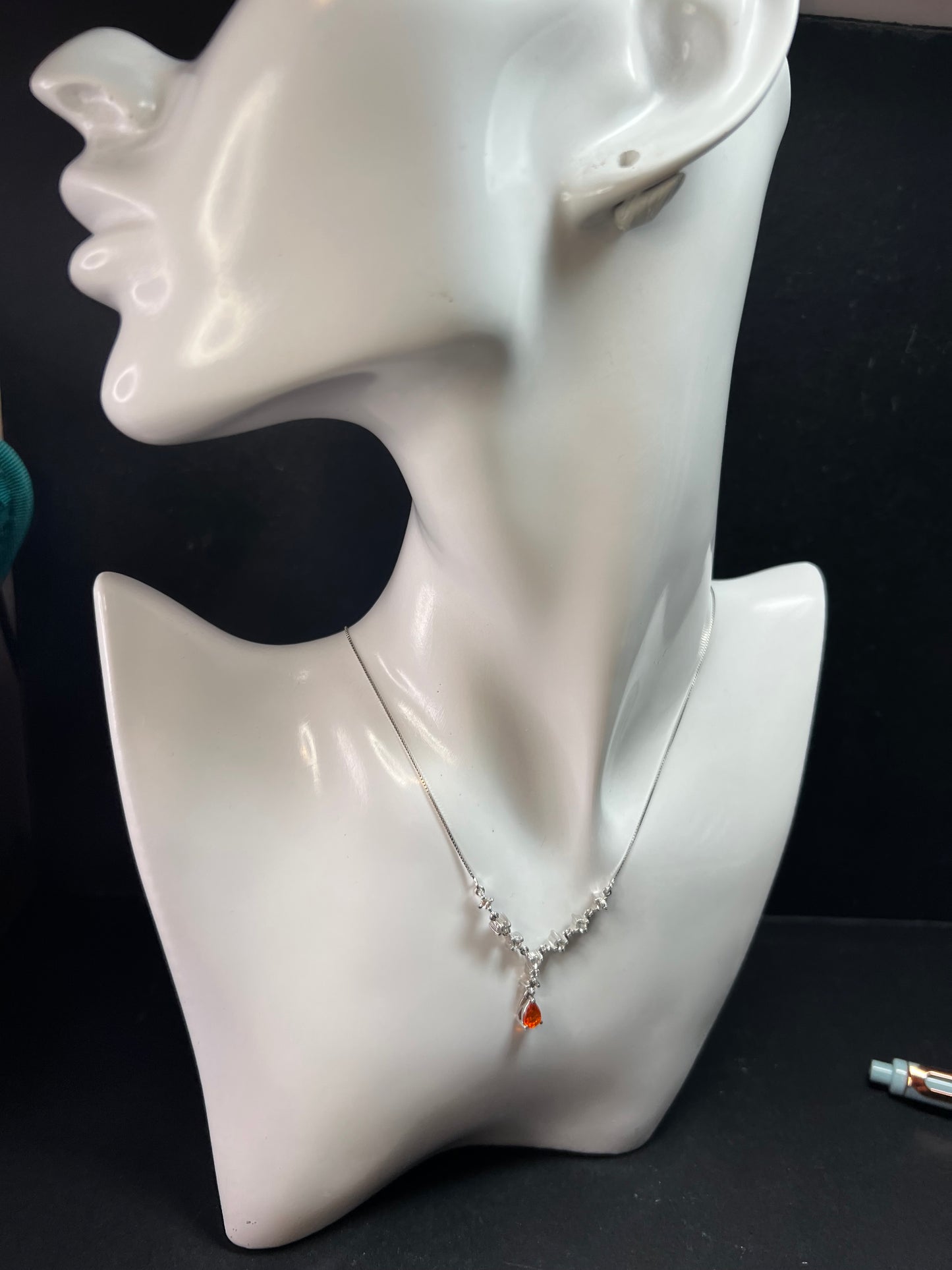 Vintage Sterling Silver Mexican Fire Opal & White Topaz Y Necklace