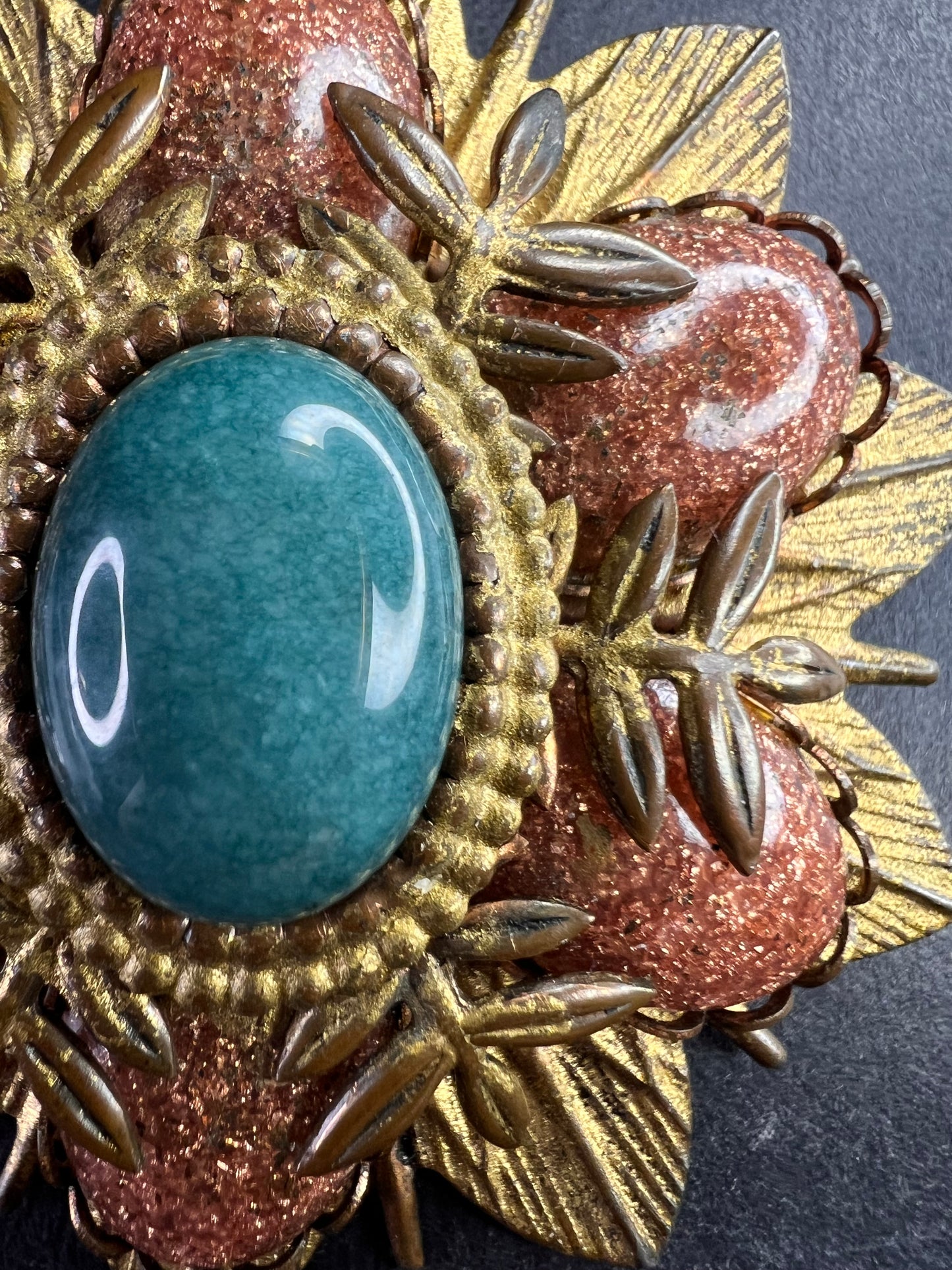 Vintage DeNicola Style Floral Brooch Gold Tone Faux Turquoise Glitter Cab