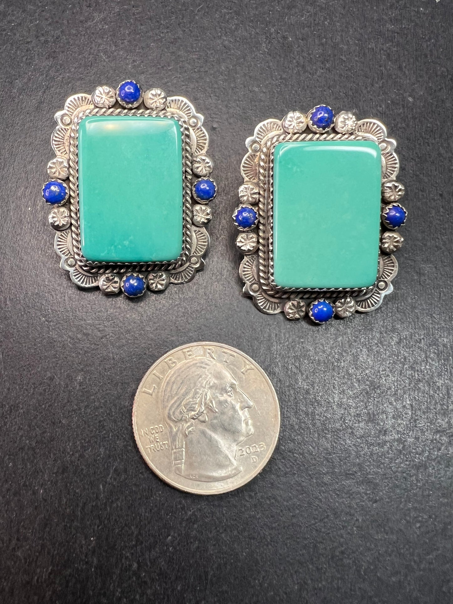 Signed Vintage Dead Stock Bernyse Chavez Sterling Turquoise Lapis Earrings