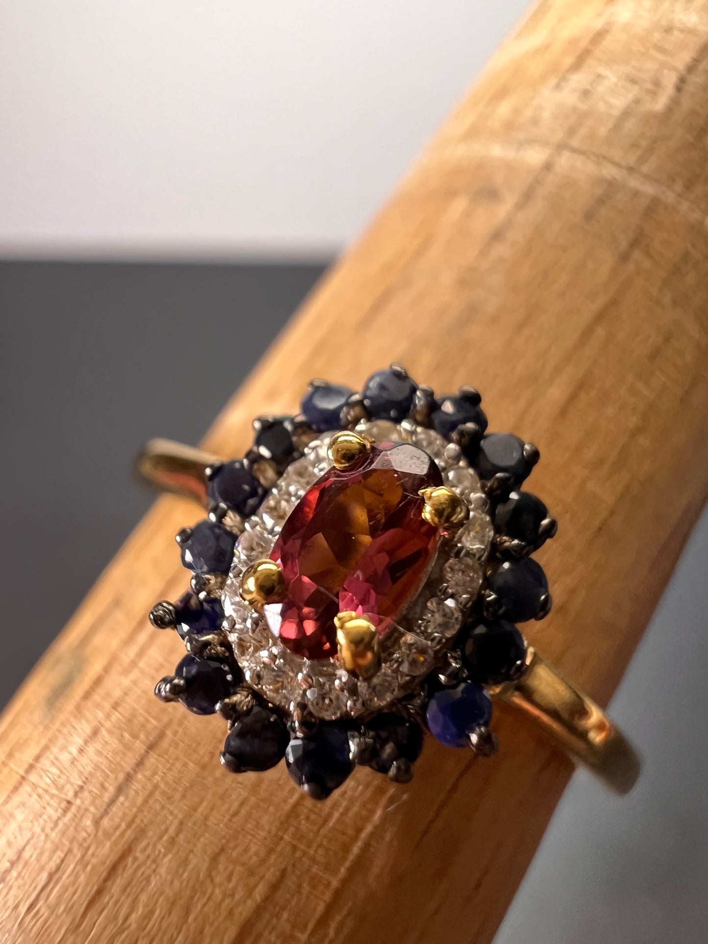 Ofiki rubellite and blue sapphire double halo ring in vermeil yellow gold over sterling silver size 8