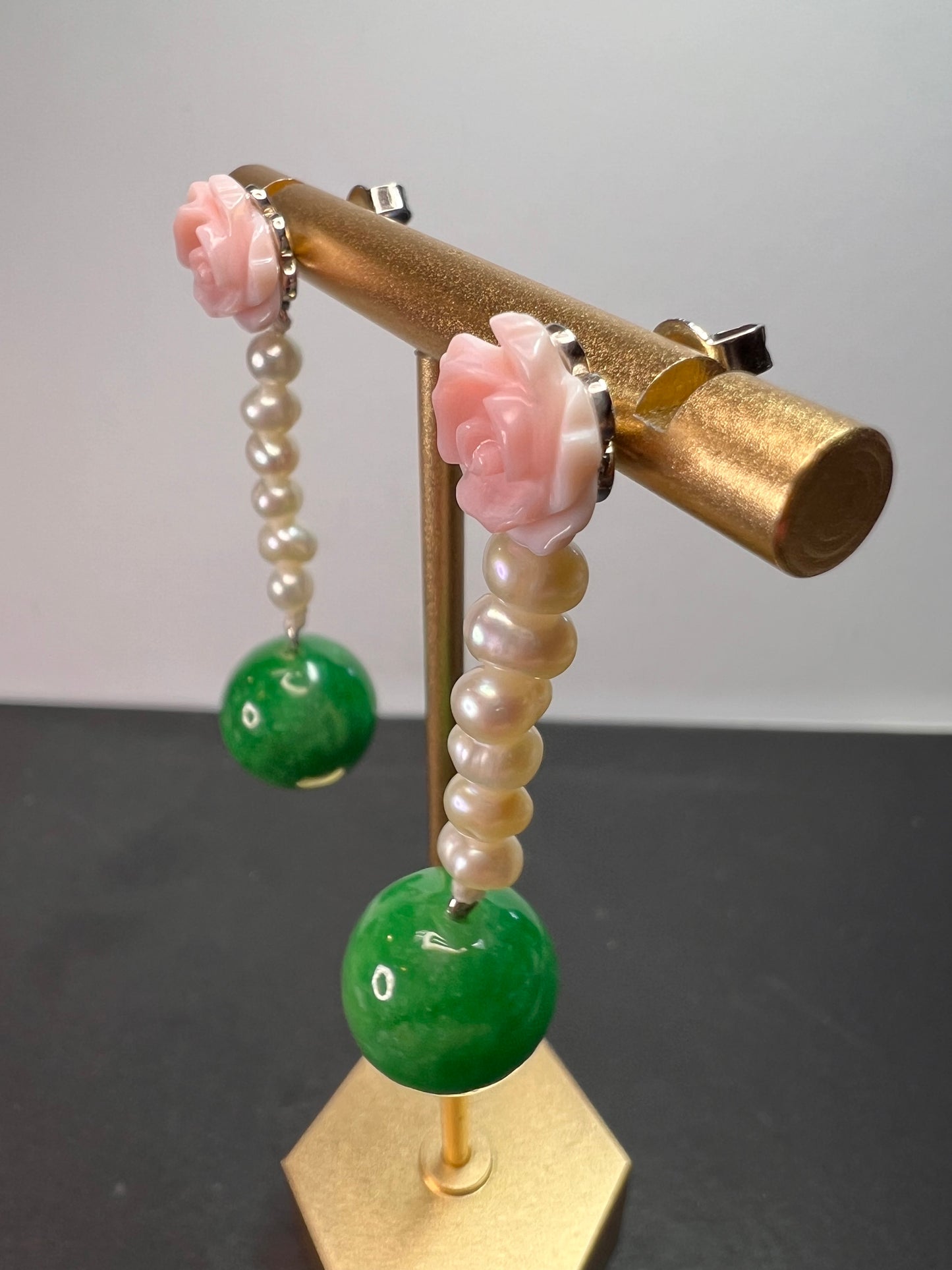 Green Jade , pink flowers and freshwater pearl earrings in rhodium over sterling silver