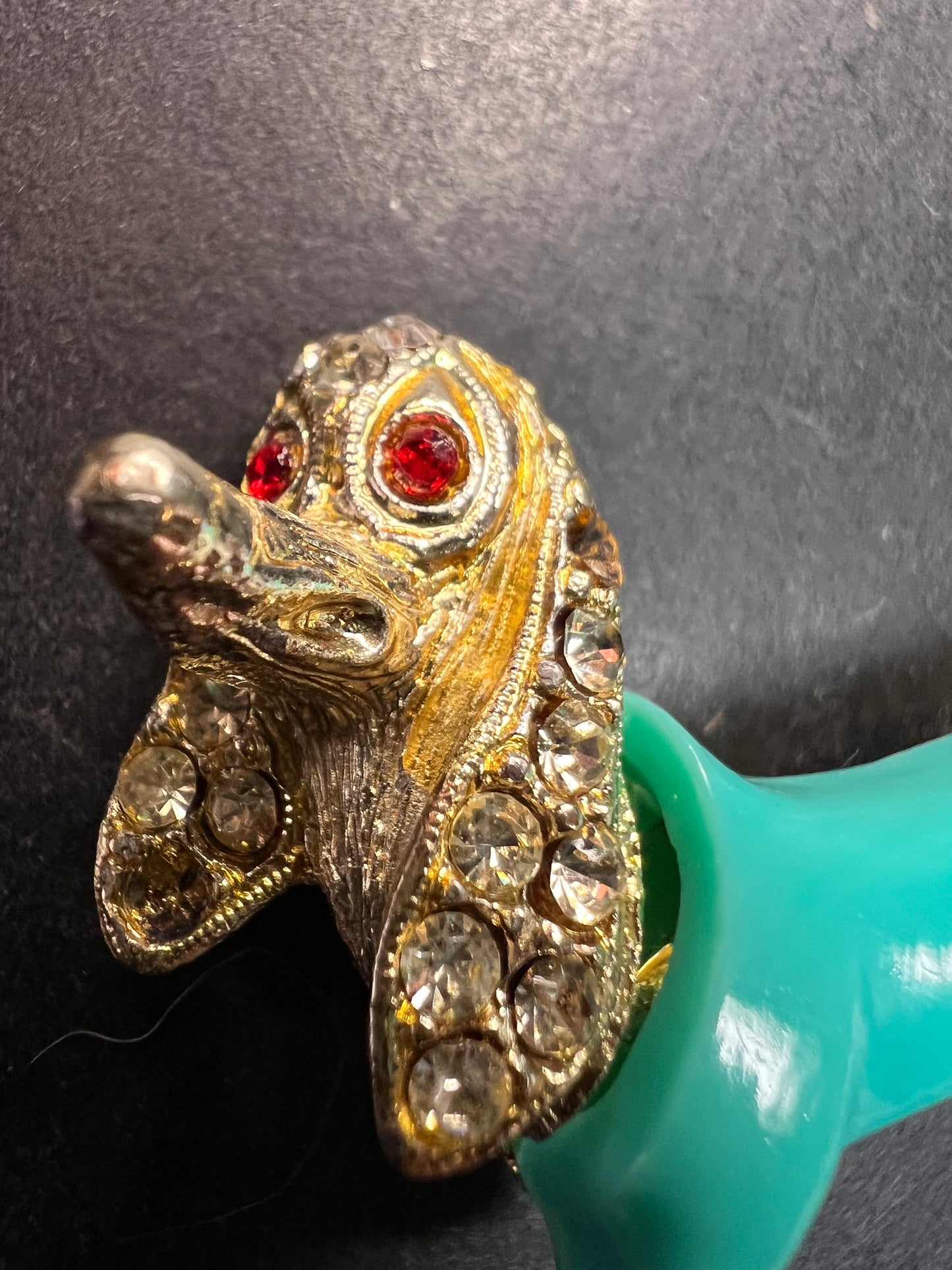 Vintage Gold Tone Dachshund Brooch Turquoise Lucite Rhinestones