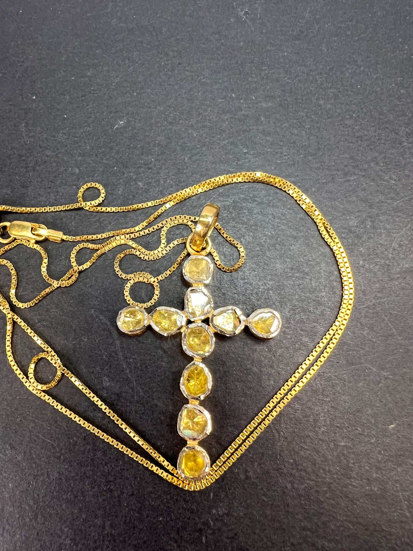 Yellow polki diamond cross pendant and chain in gold over sterling silver