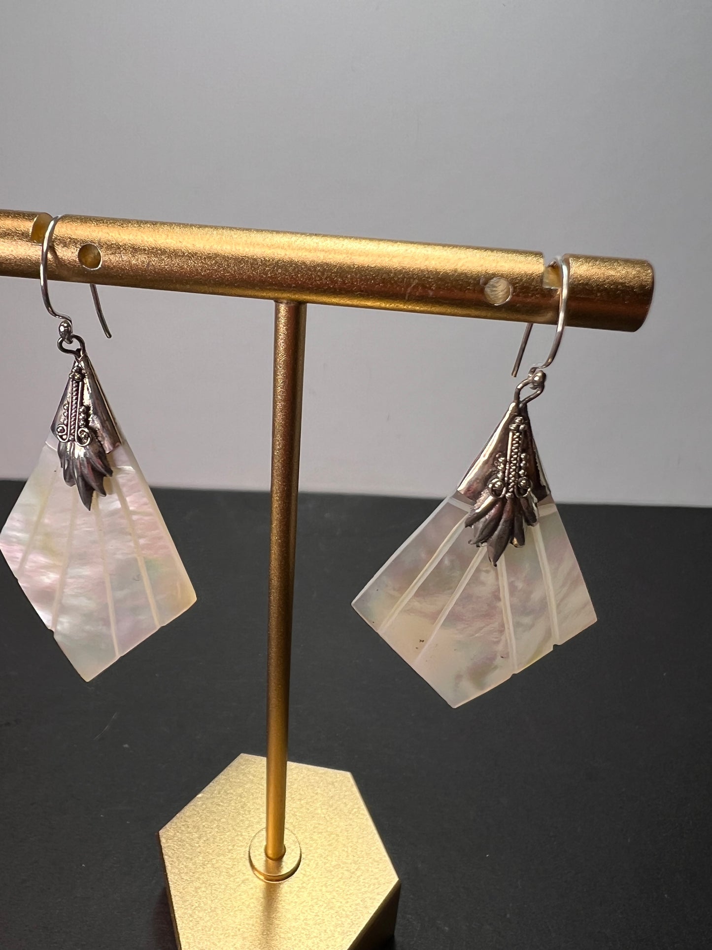 Mother of pearl sterling silver diamond dangle earrings