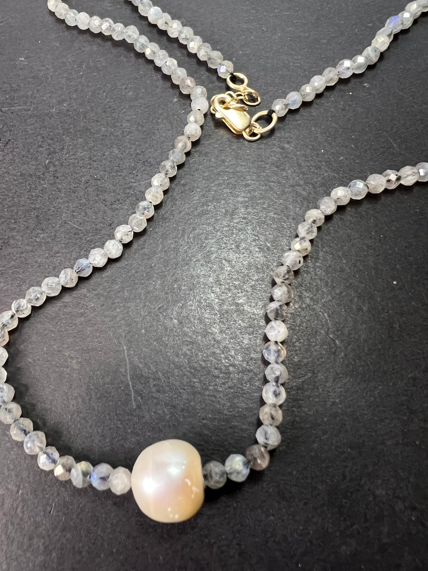 Labradorite and cultured pearl necklace with sterling silver lobster claw clasp