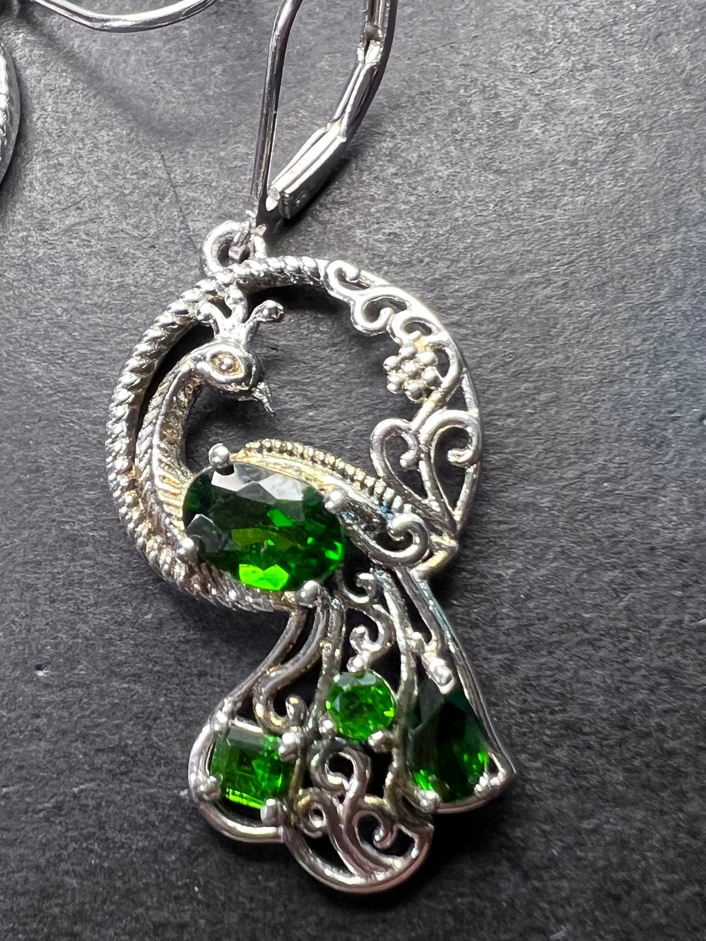 Chrome diopside sterling silver peacock dangle earrings