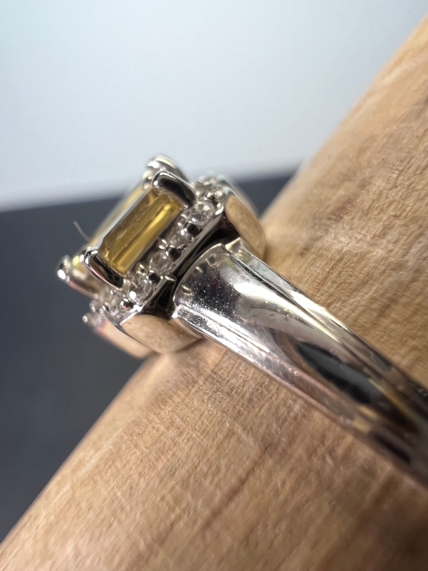 Citrine triple baguette halo ring in sterling silver size 7