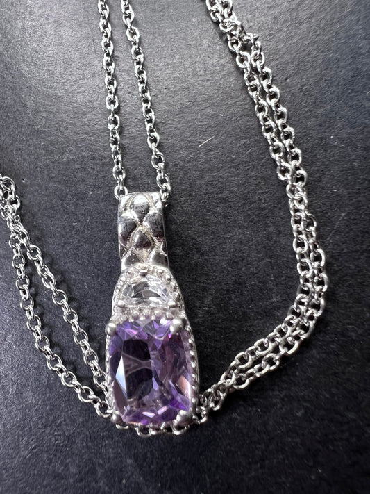 Rose de France amethyst and white topaz sterling silver pendant with stainless steel chain