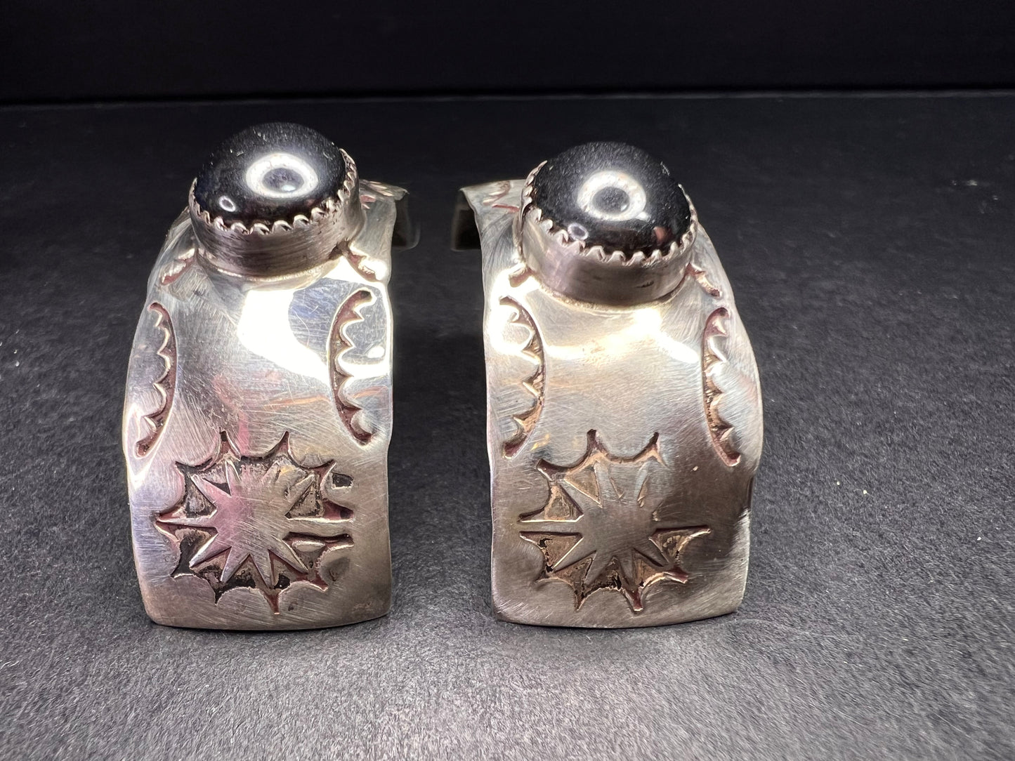 Vintage Sterling Silver Hematite Wide Band Post Earrings Southwestern Handmade