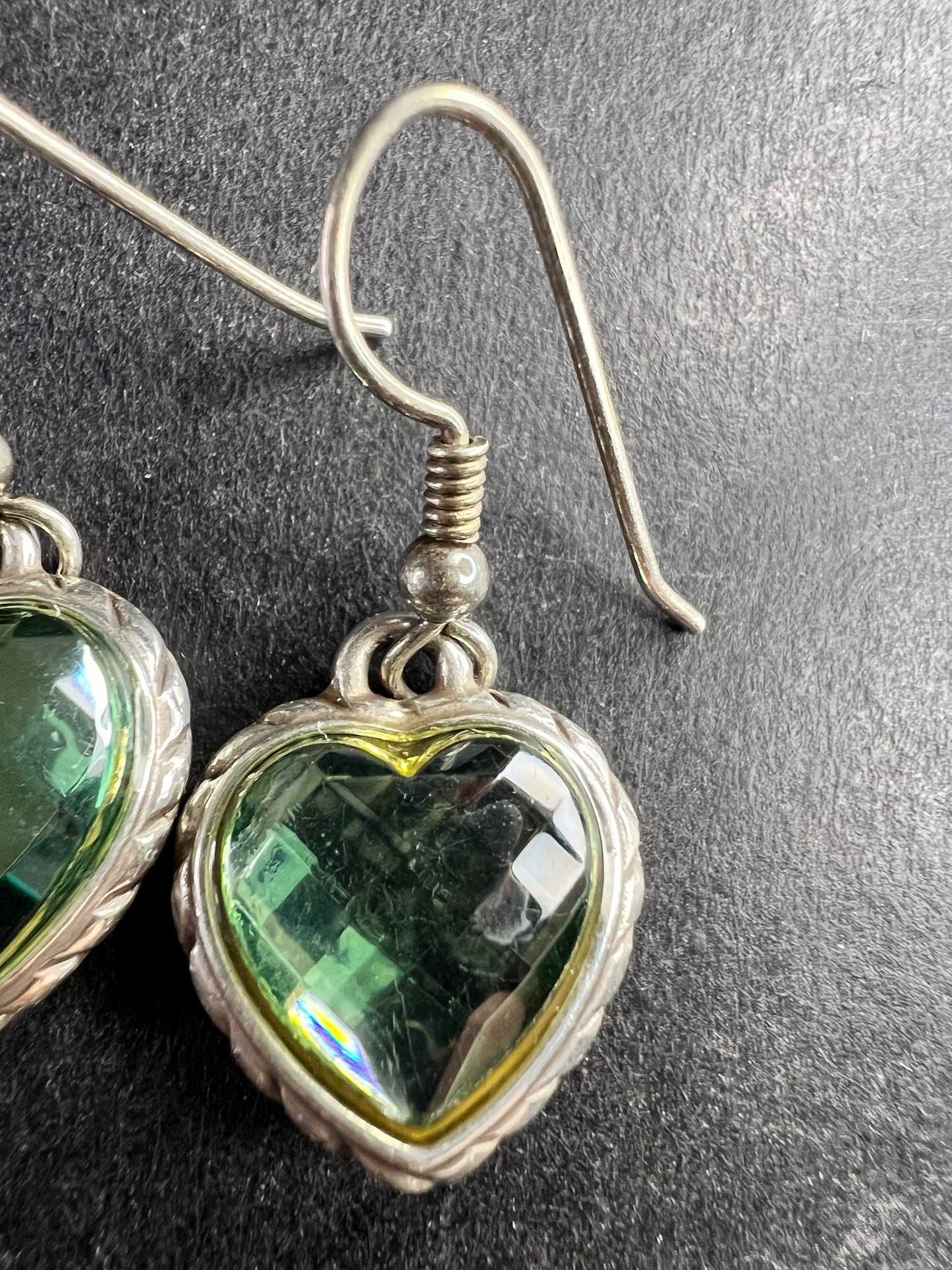 Vintage 90s Sterling Silver Green Glass Heart Earrings Gold Accent 925 Dangle