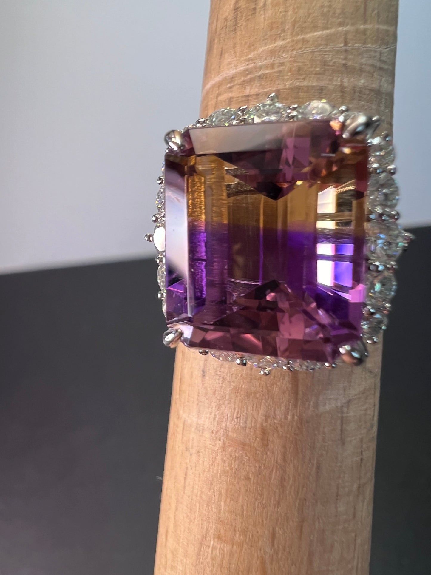 Ametrine and moissanite halo ring in rhodium over sterling silver size 8