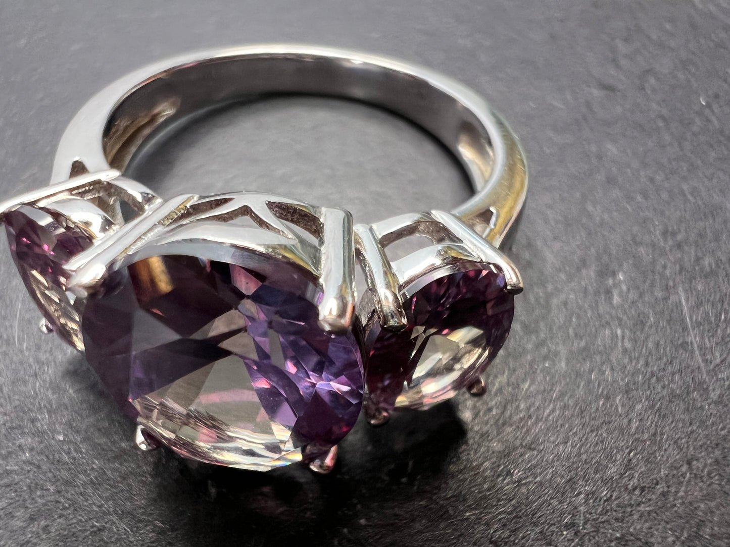 Lab created alexandrite trilogy ring in rhodium over sterling silver size 9