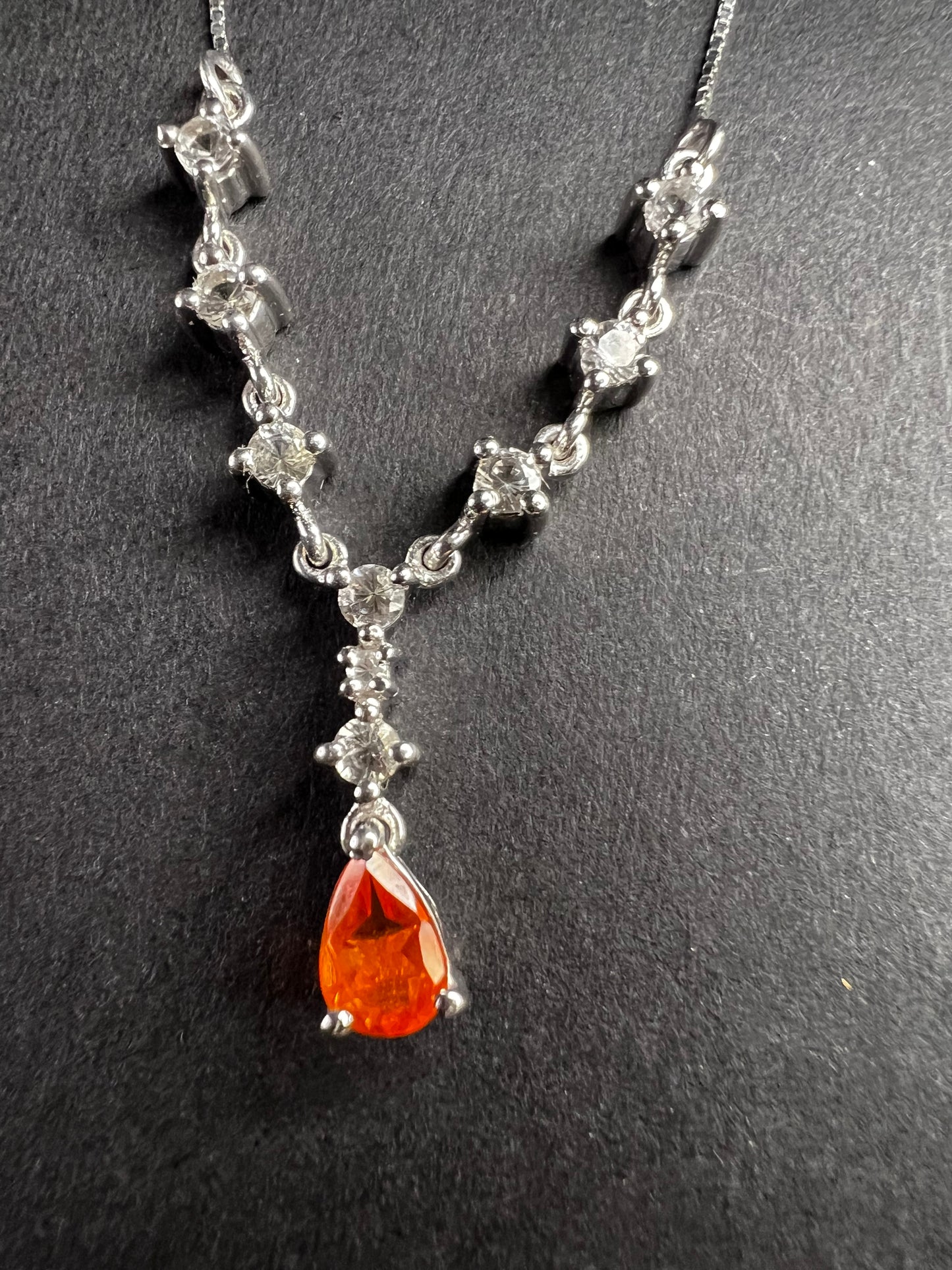 Vintage Sterling Silver Mexican Fire Opal & White Topaz Y Necklace