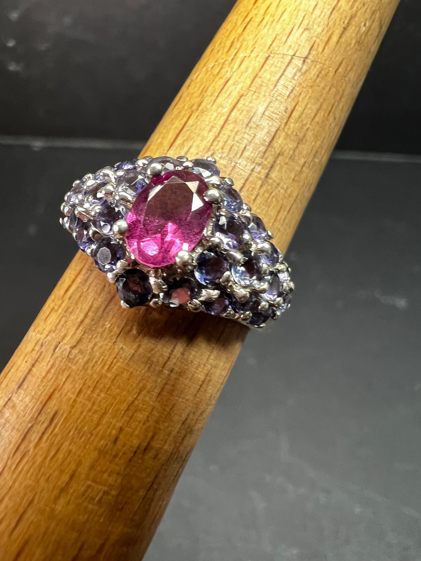 Pink Tourmaline Tanzanite Sterling Silver Cluster Ring Size 7