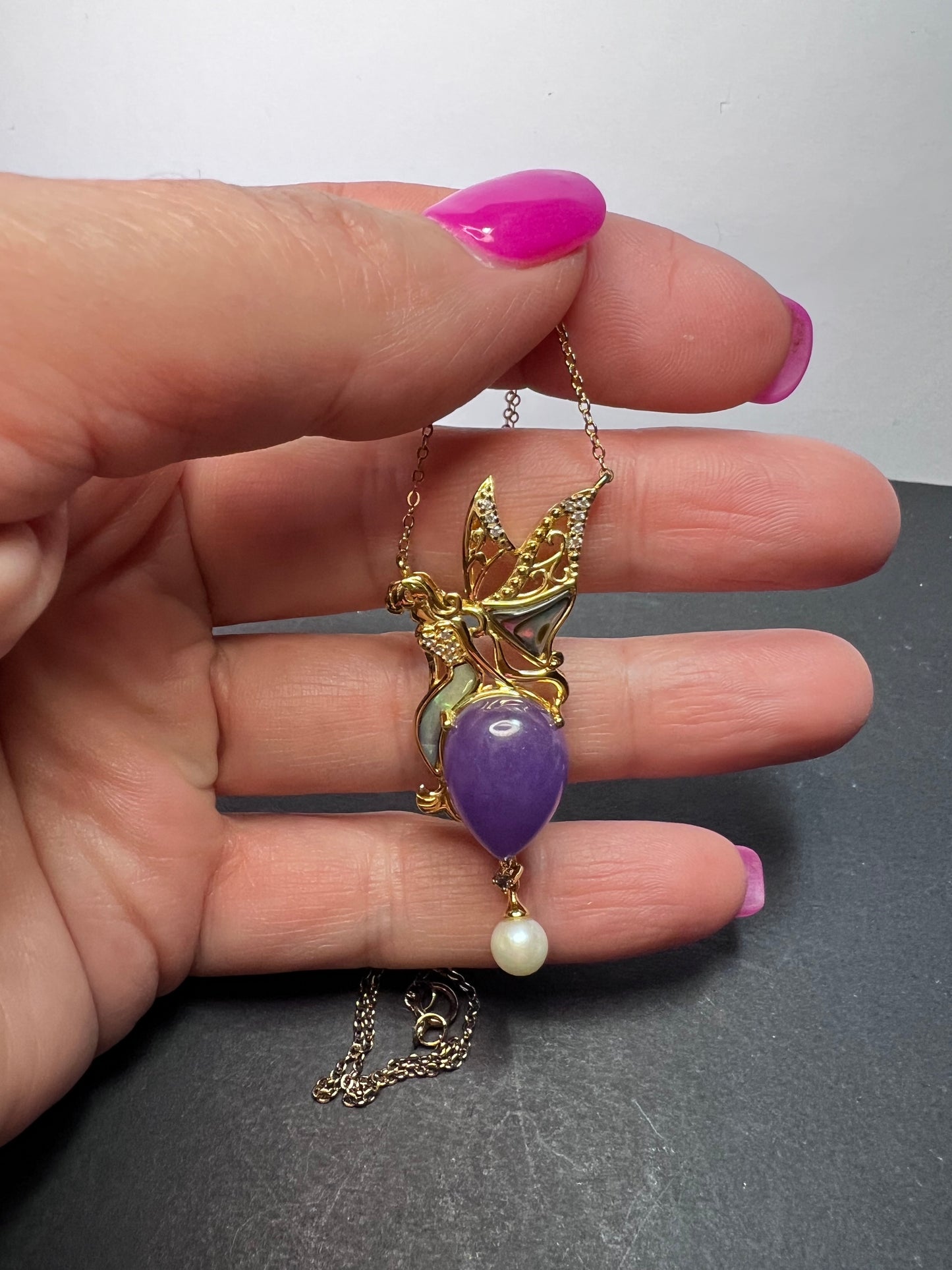 Fairy mermaid lavender jadeite , abalone and pearl pendant and chain necklace in gold over sterling silver.