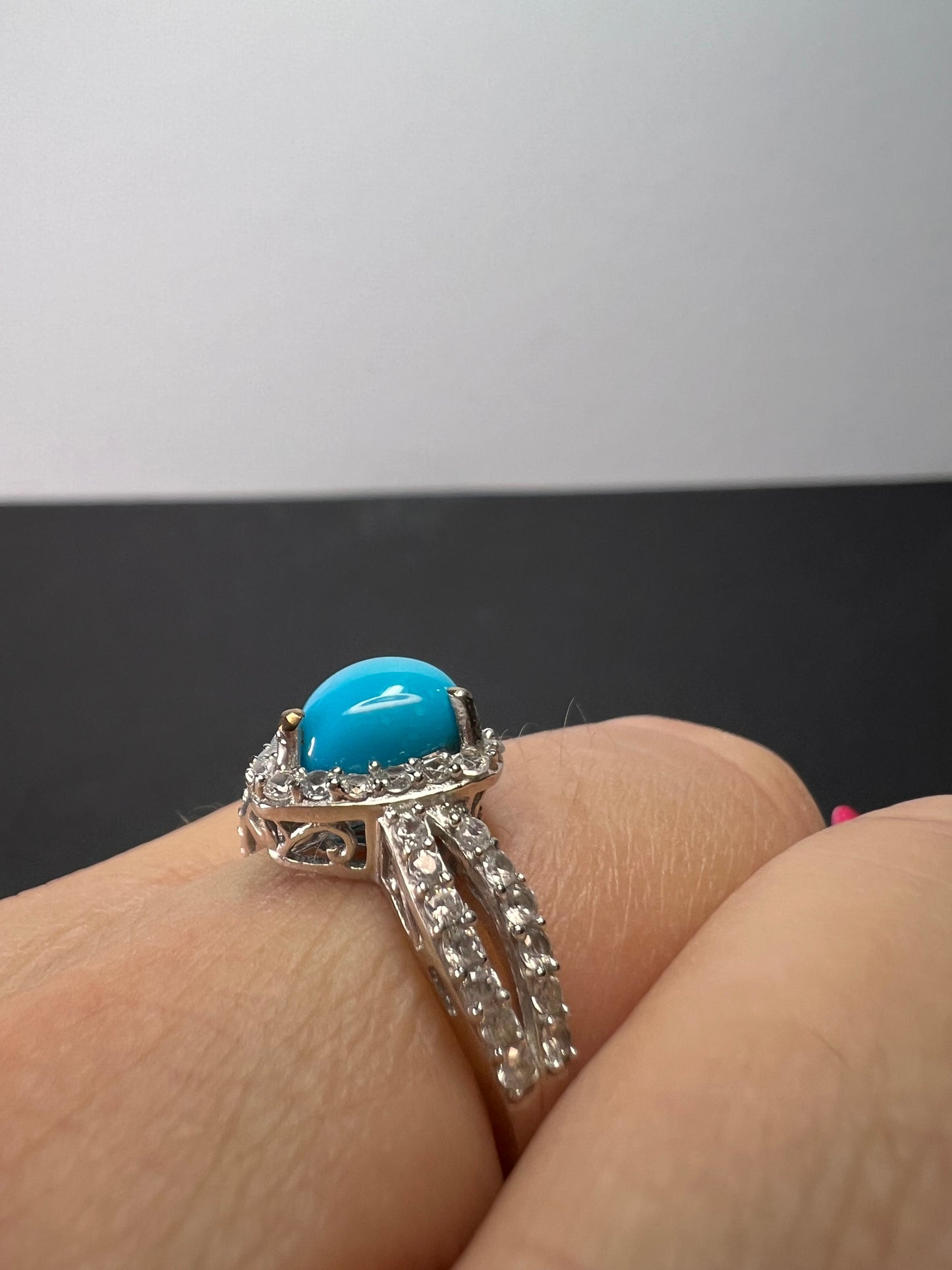 American sleeping beauty turquoise and zircon ring in platinum over sterling silver 2.60 ctw size 8