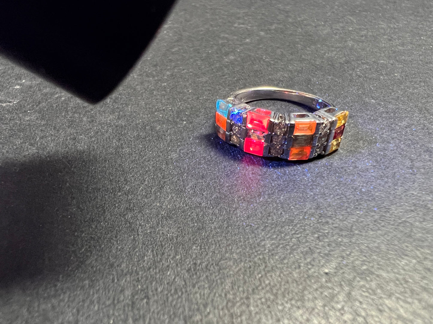 NEW multi sapphire and moissanite art deco style ring in rhodium over sterling silver size 5