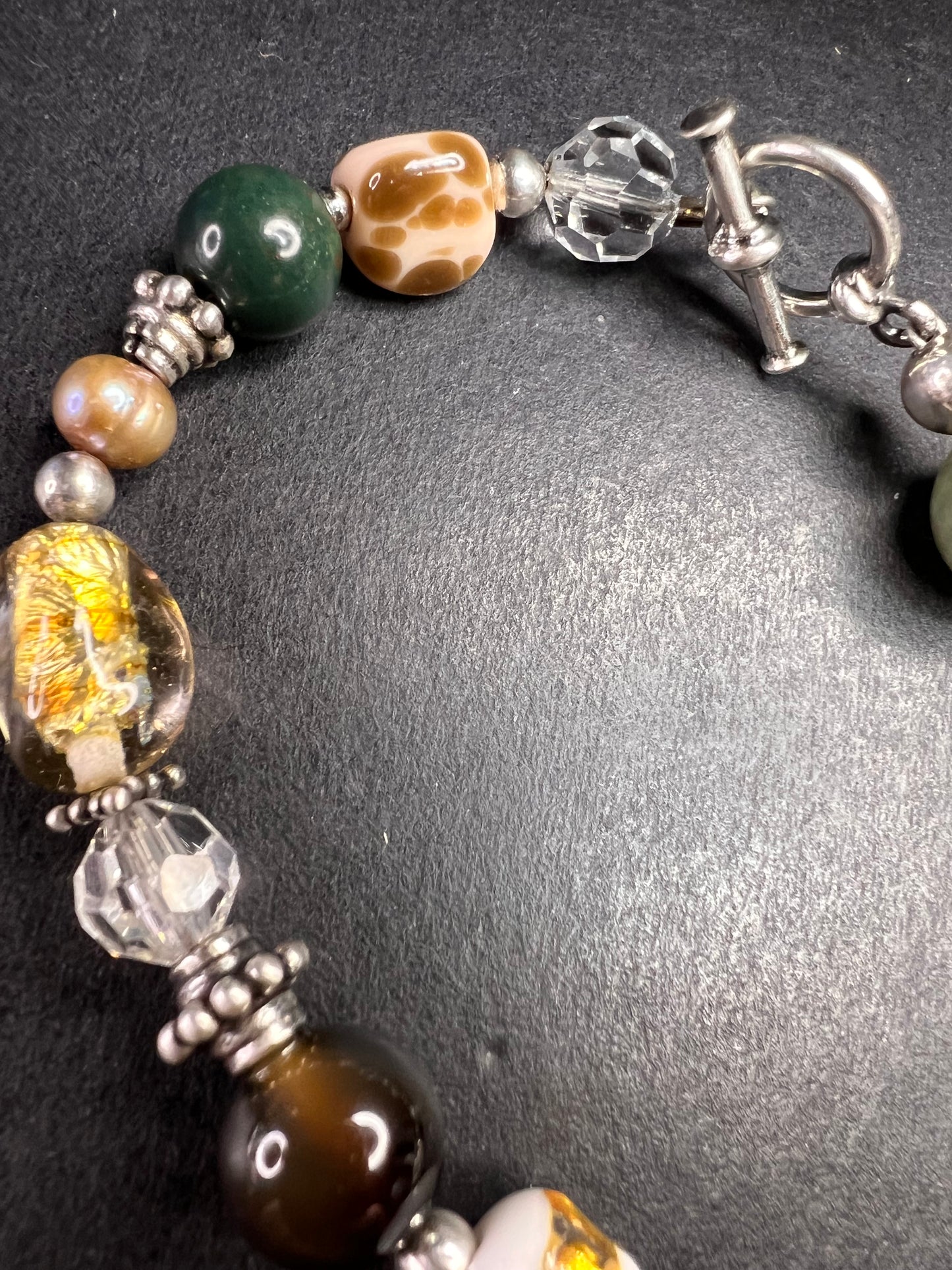 Vintage sterling silver, semi precious stones and glass toggle 8 inch bracelet