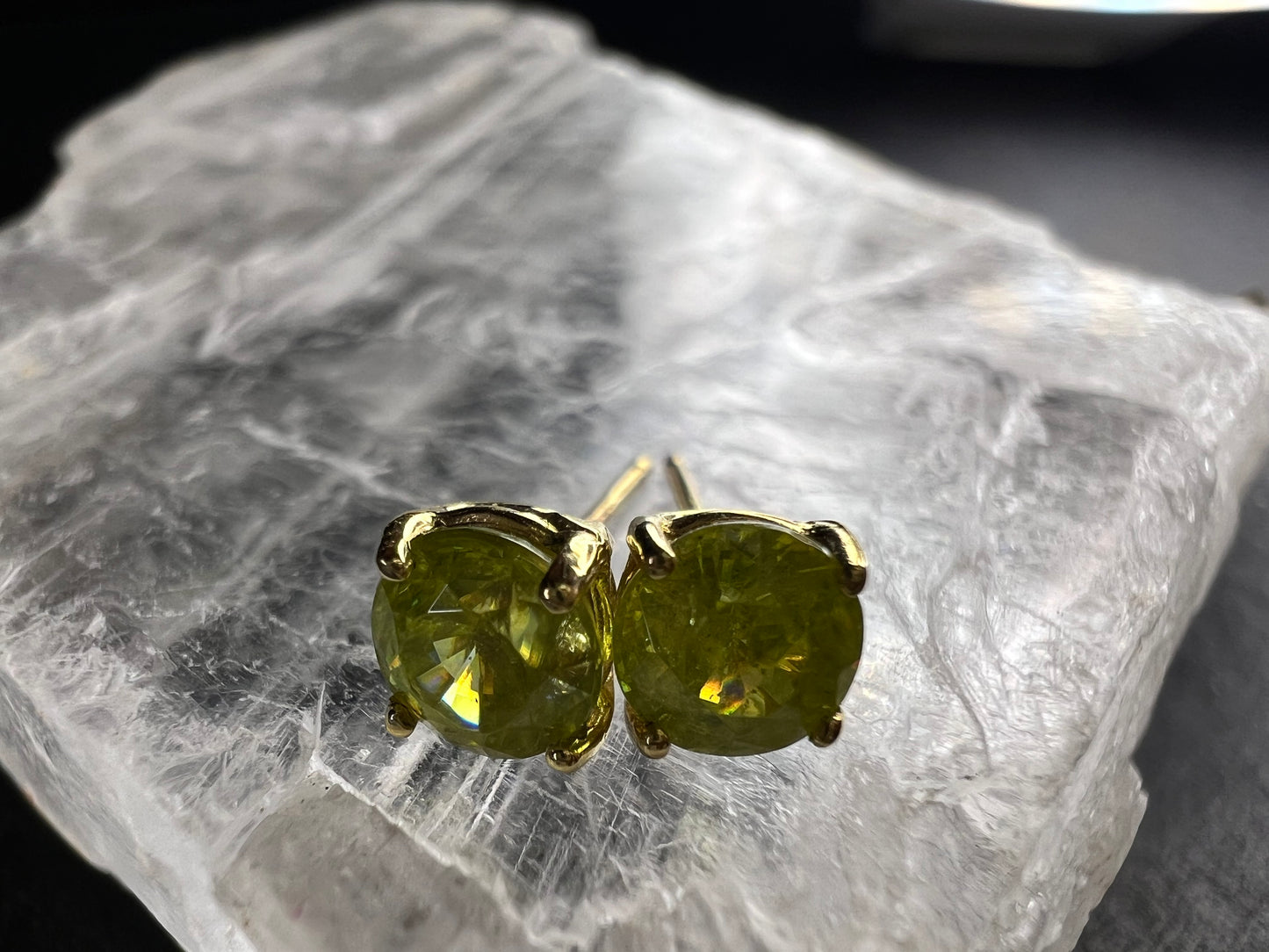 Rare Sphene Titanite Stud Earrings in 14k Yellow Gold