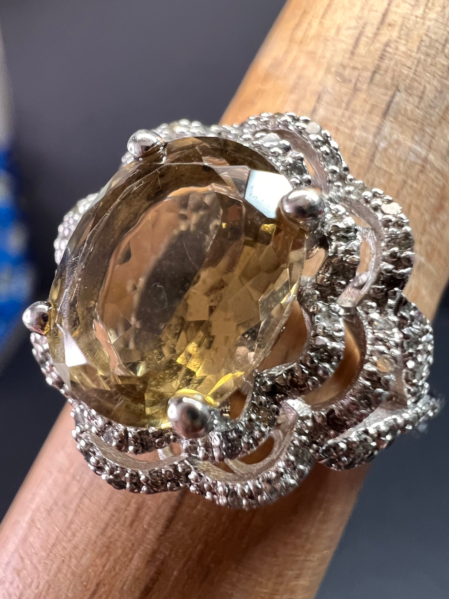 Citrine & Diamond Sterling Silver Scalloped Halo Ring Size 9