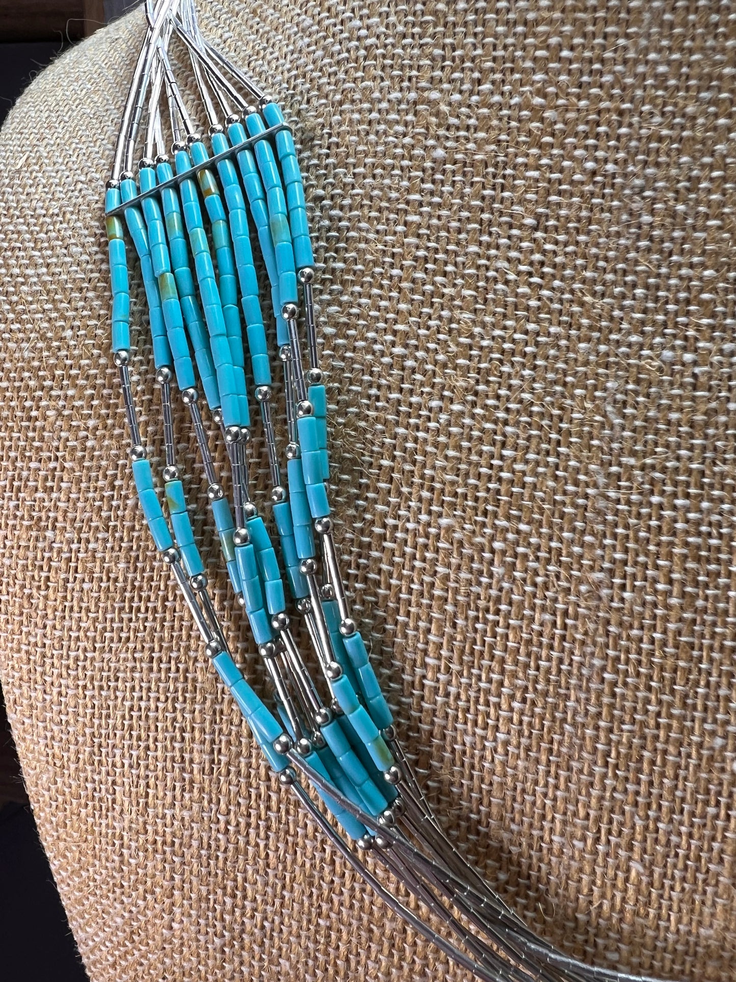 Southwest style liquid silver heishi turquoise 10 strand necklace