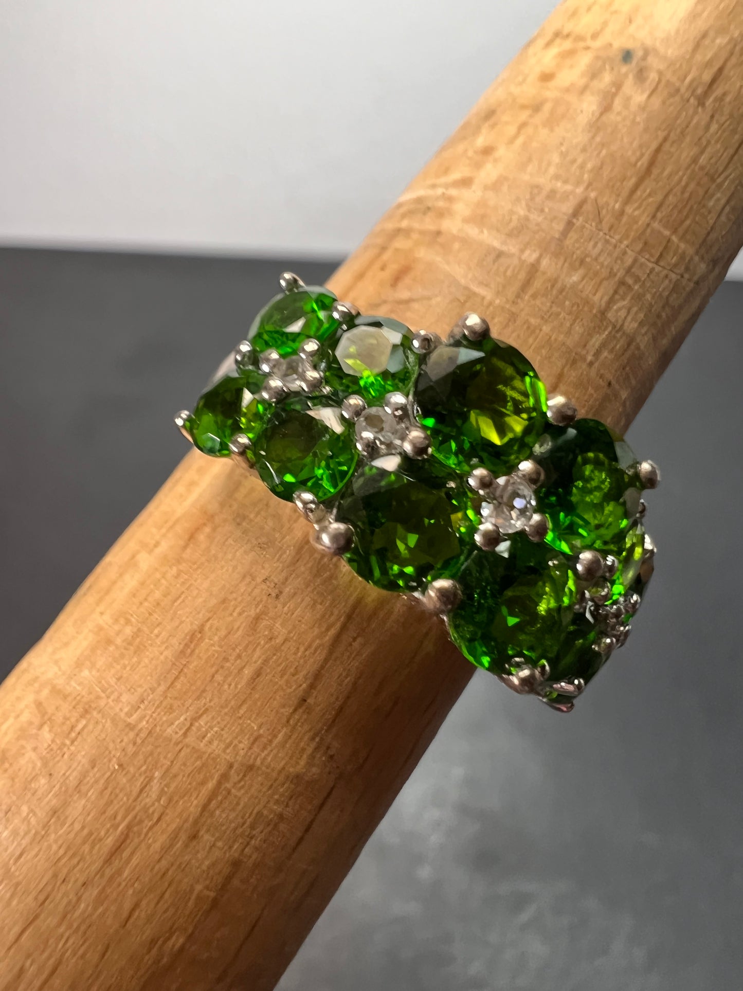 Chrome diopside and white topaz ring in rhodium over sterling silver size 8