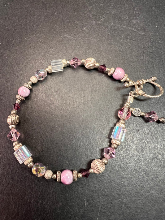 Vintage Sterling Silver Toggle Bracelet with Purple Crystal & Lampwork Beads
