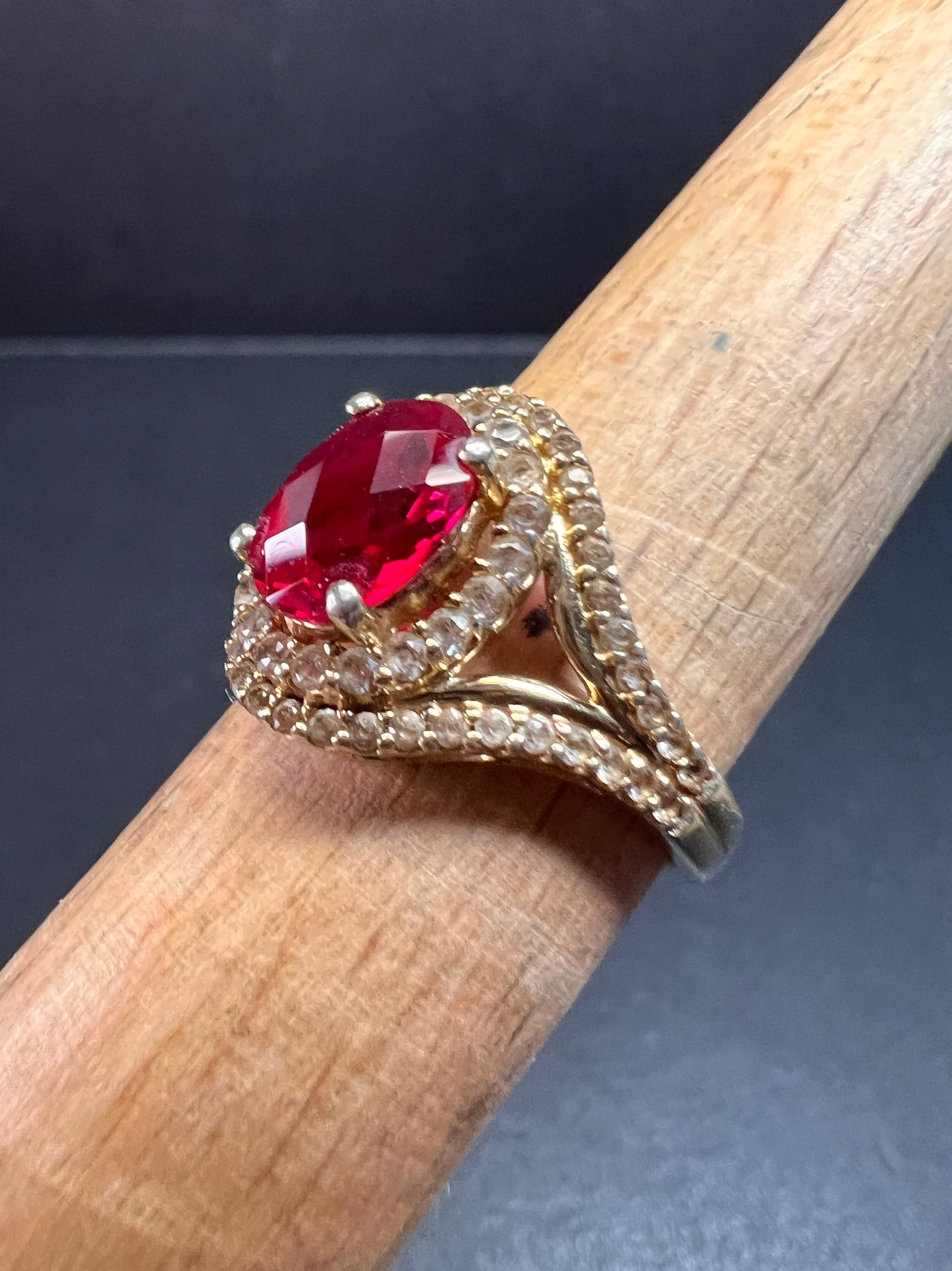 Lab Ruby and topaz halo ring in gold over sterling silver size 7