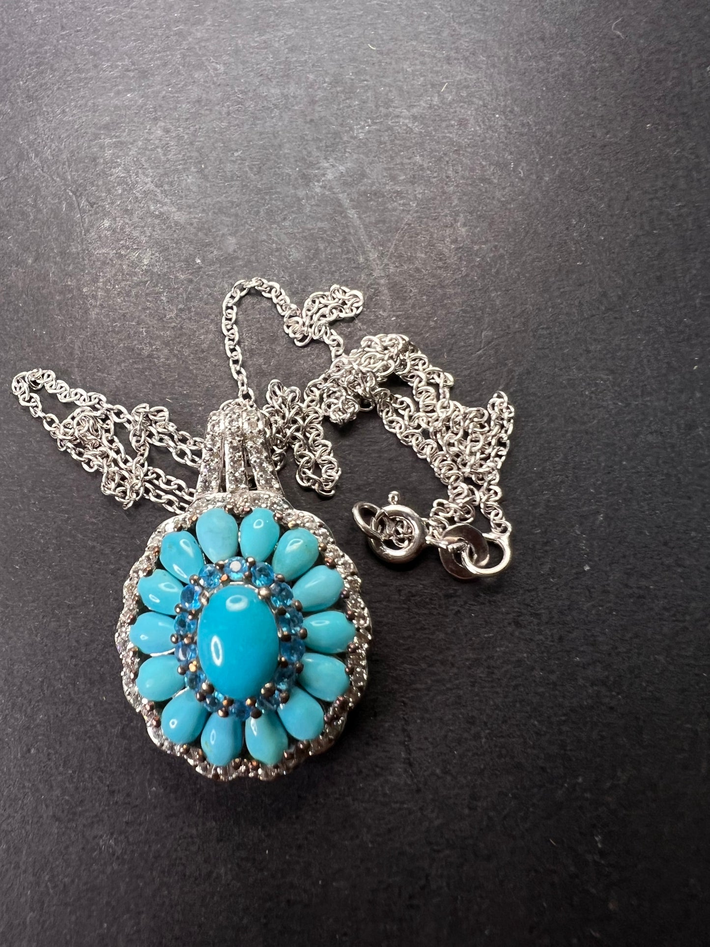 Turquoise and neon blue apatite halo sterling silver necklace with chain