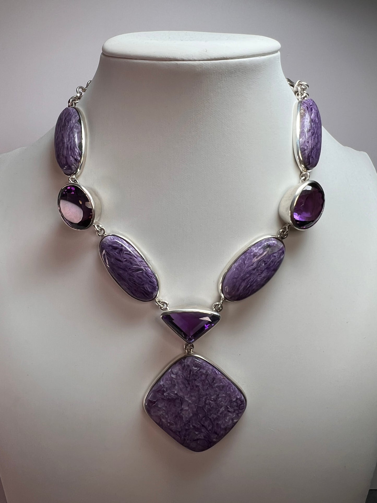 NEW Charoite and amethyst sterling silver necklace