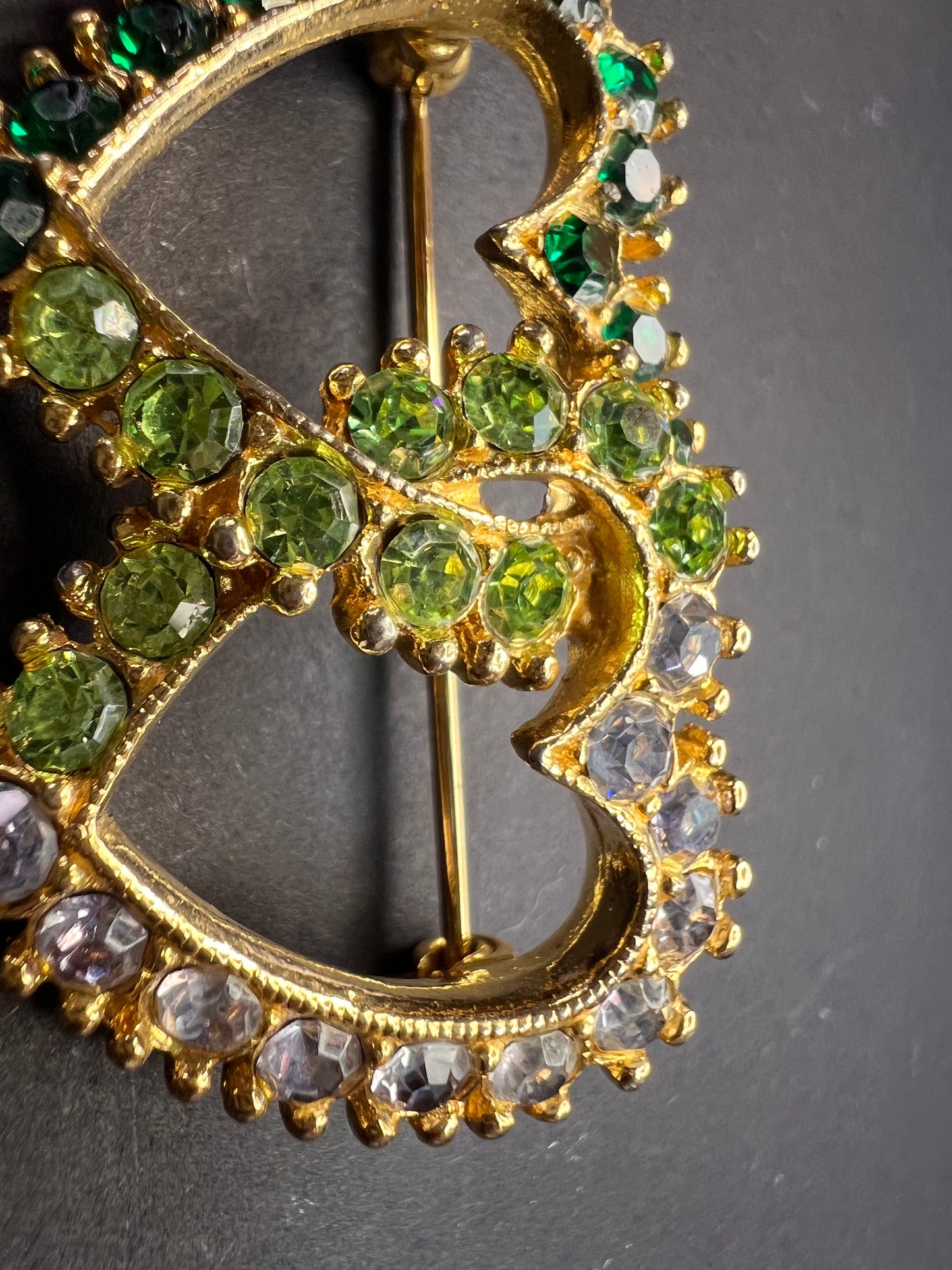 Vintage Gold Tone Double Heart Green Clear Rhinestone Brooch