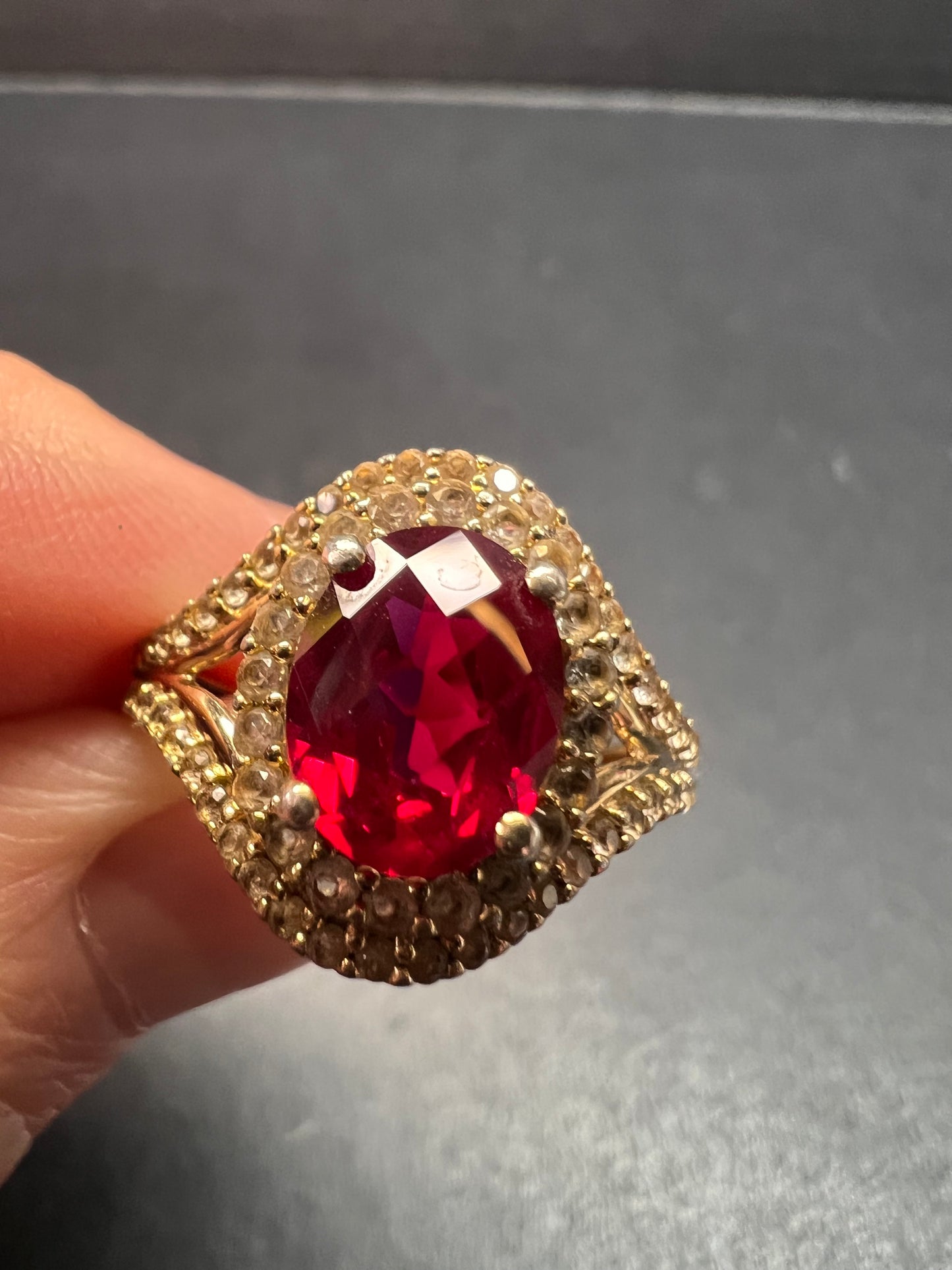 Lab Ruby and topaz halo ring in gold over sterling silver size 7