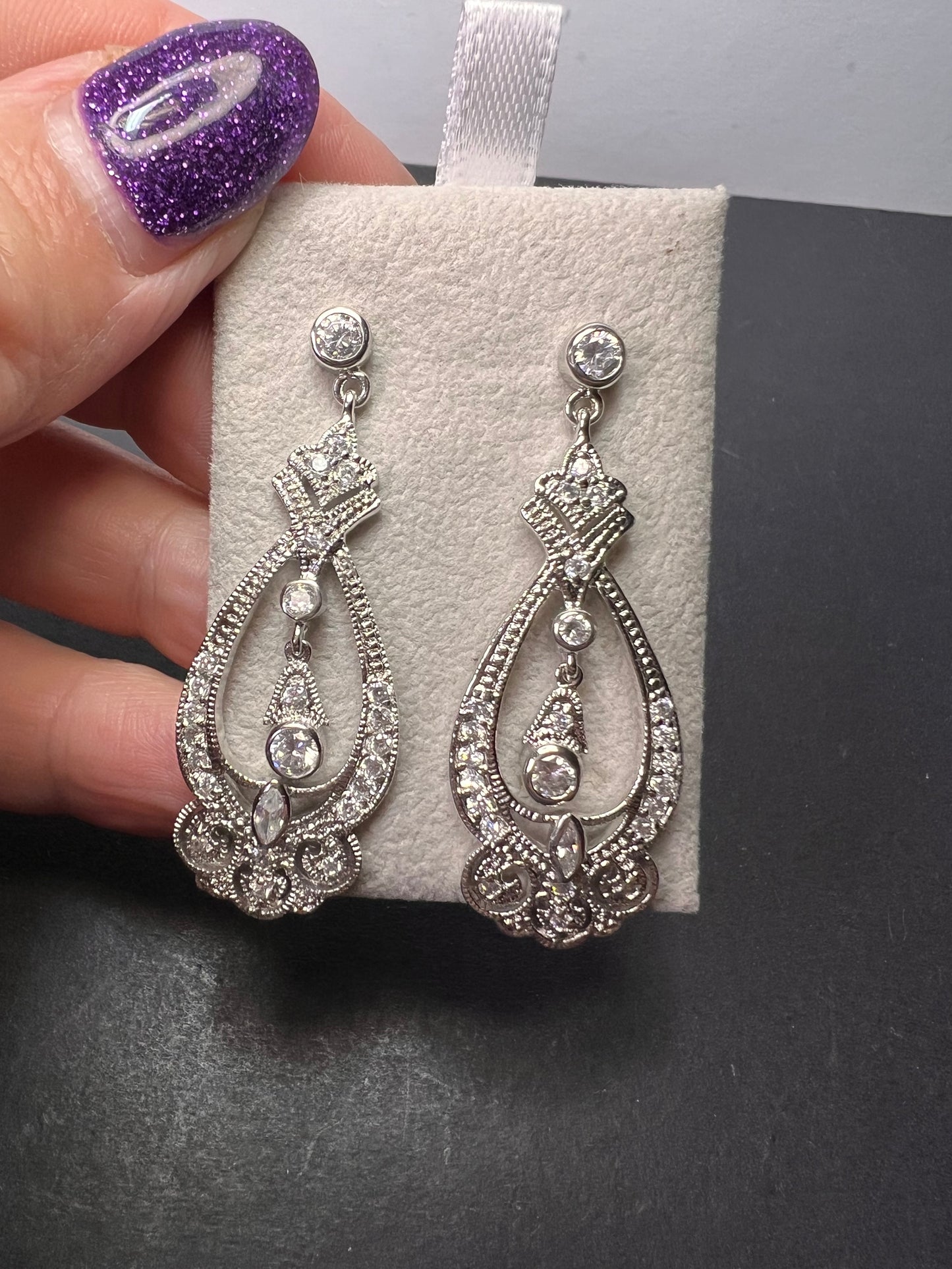 White CZ sterling silver chandelier earrings