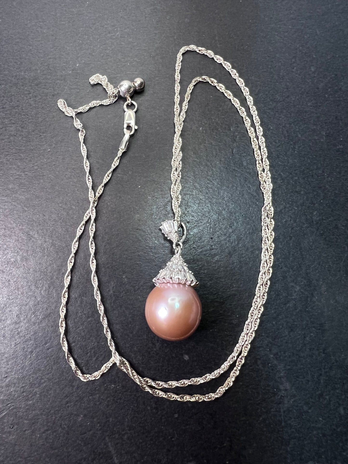 Pink cultured pearl and CZ sterling silver pendant with 24 inch slider chain