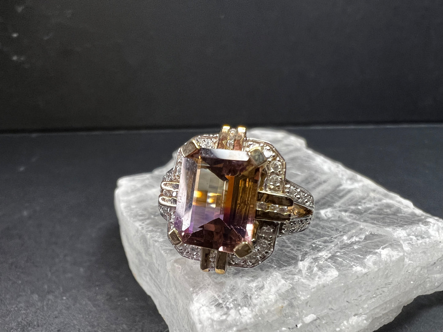 Vintage Ametrine Emerald Cut Ring Gold Over Sterling White Zircon Size 7