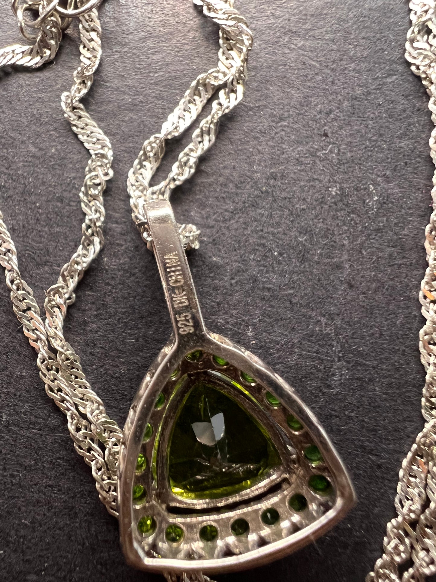 Trillium cut peridot and chrome diopside halo pendant and chain sterling silver necklace