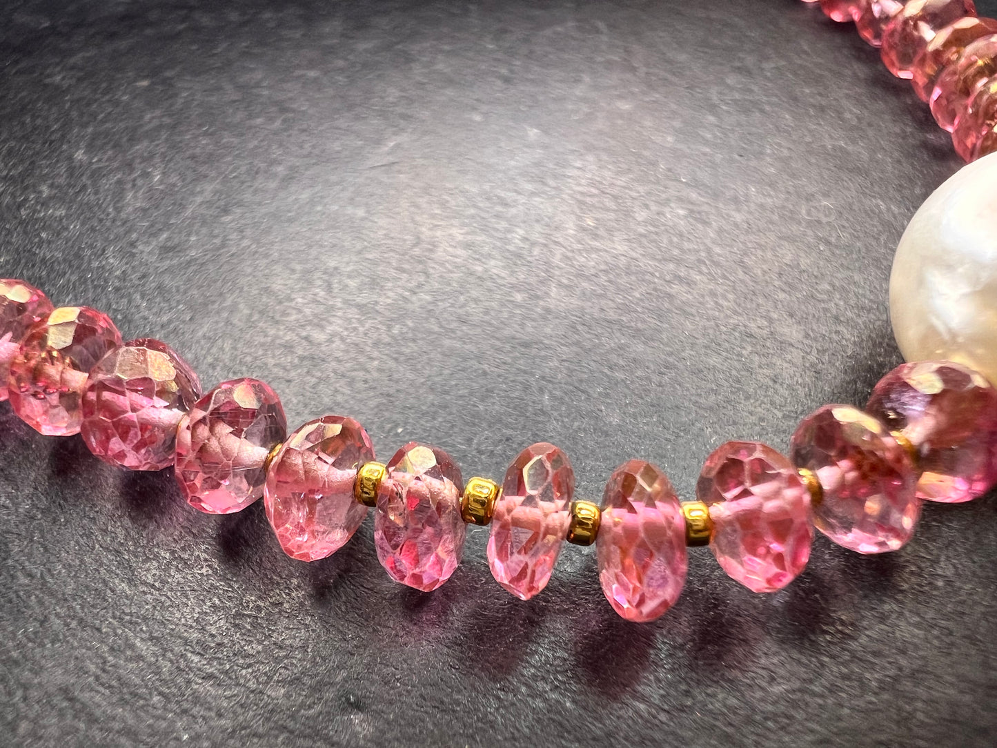 Gold Filled Necklace with Baroque Pearl and Pink Faceted Gemstone Beads