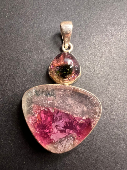 NEW Watermelon Tri color tourmaline sterling silver pendant 11.02 grams