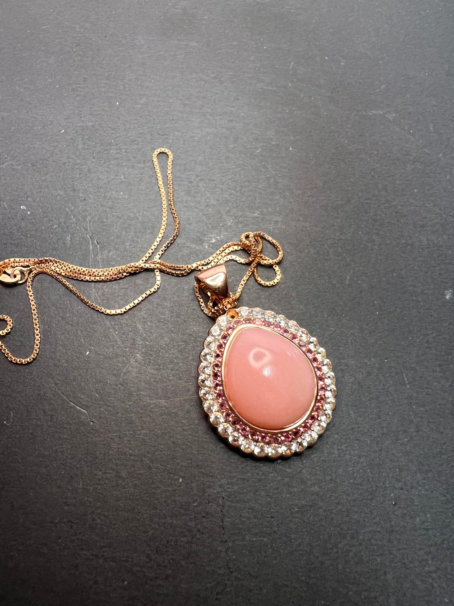 Pink opal, pink tourmaline and white topaz pendant necklace rose gold over sterling 18 inch chain