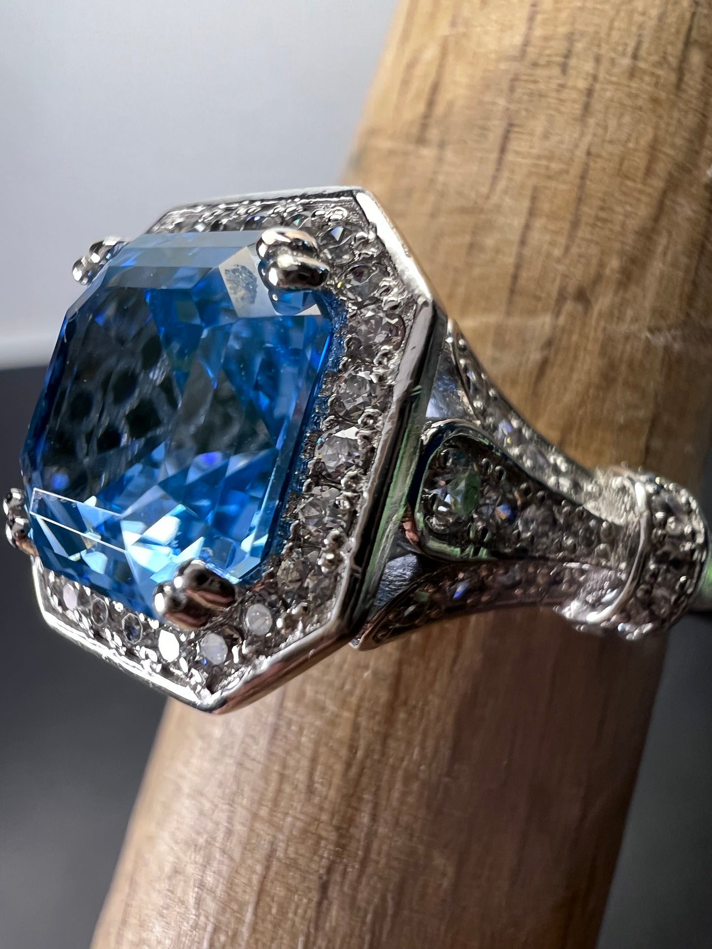 Blue zircon and CZ sterling silver cocktail ring size 7