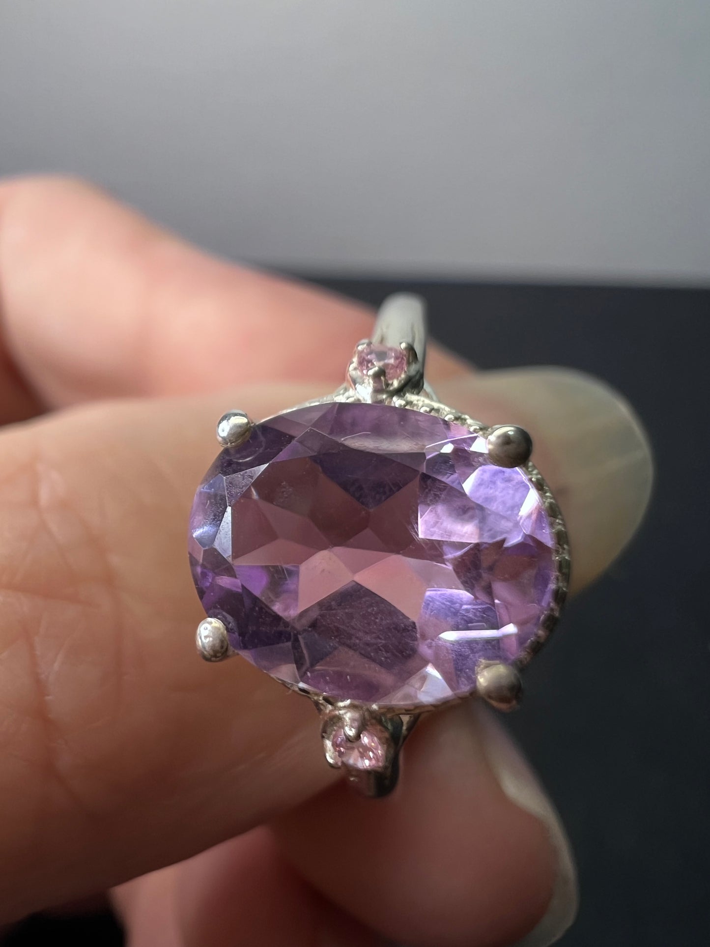 Amethyst and pink CZ sterling silver ring size 9