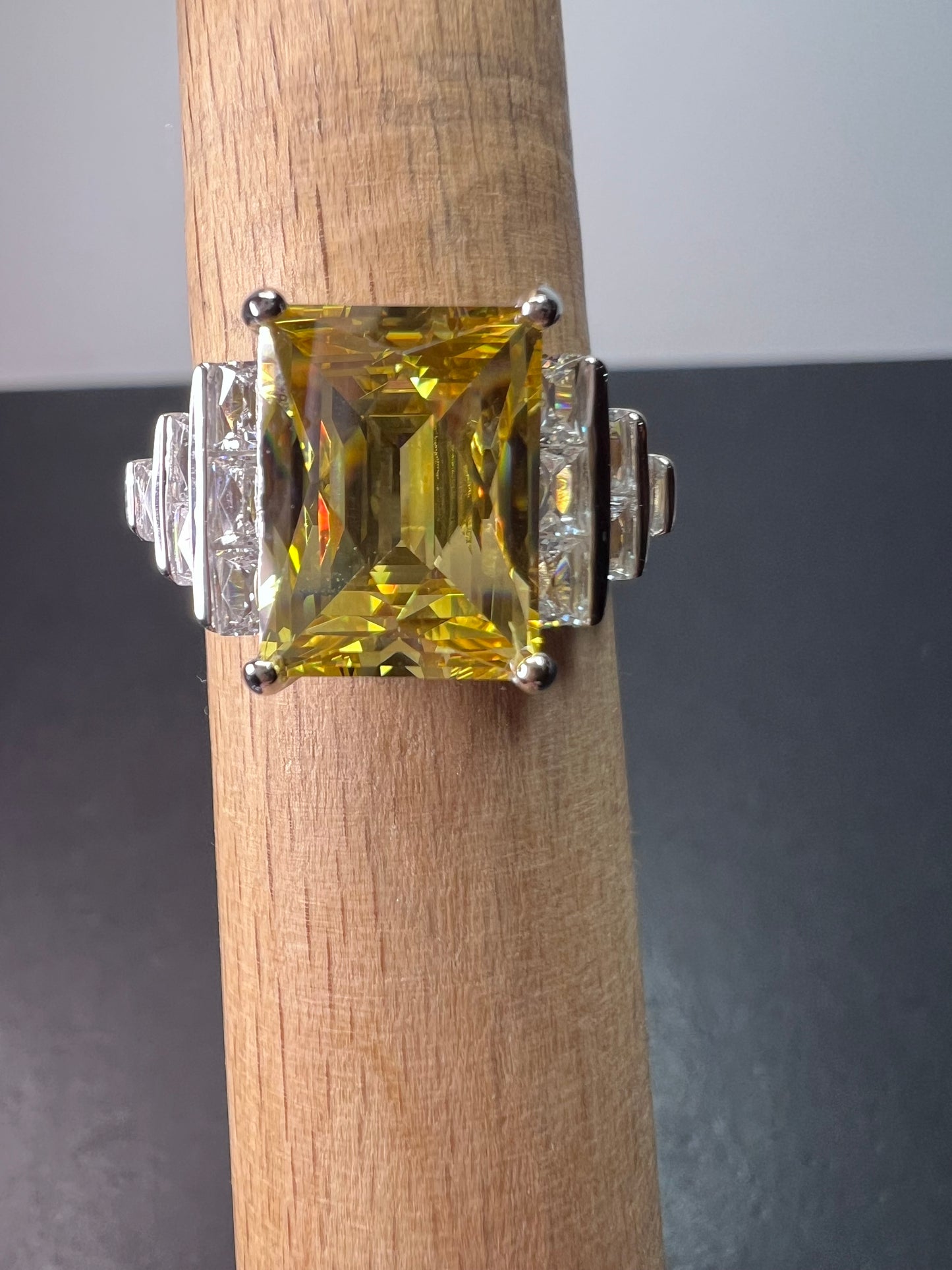 Yellow and white cz sterling silver cocktail ring size 9