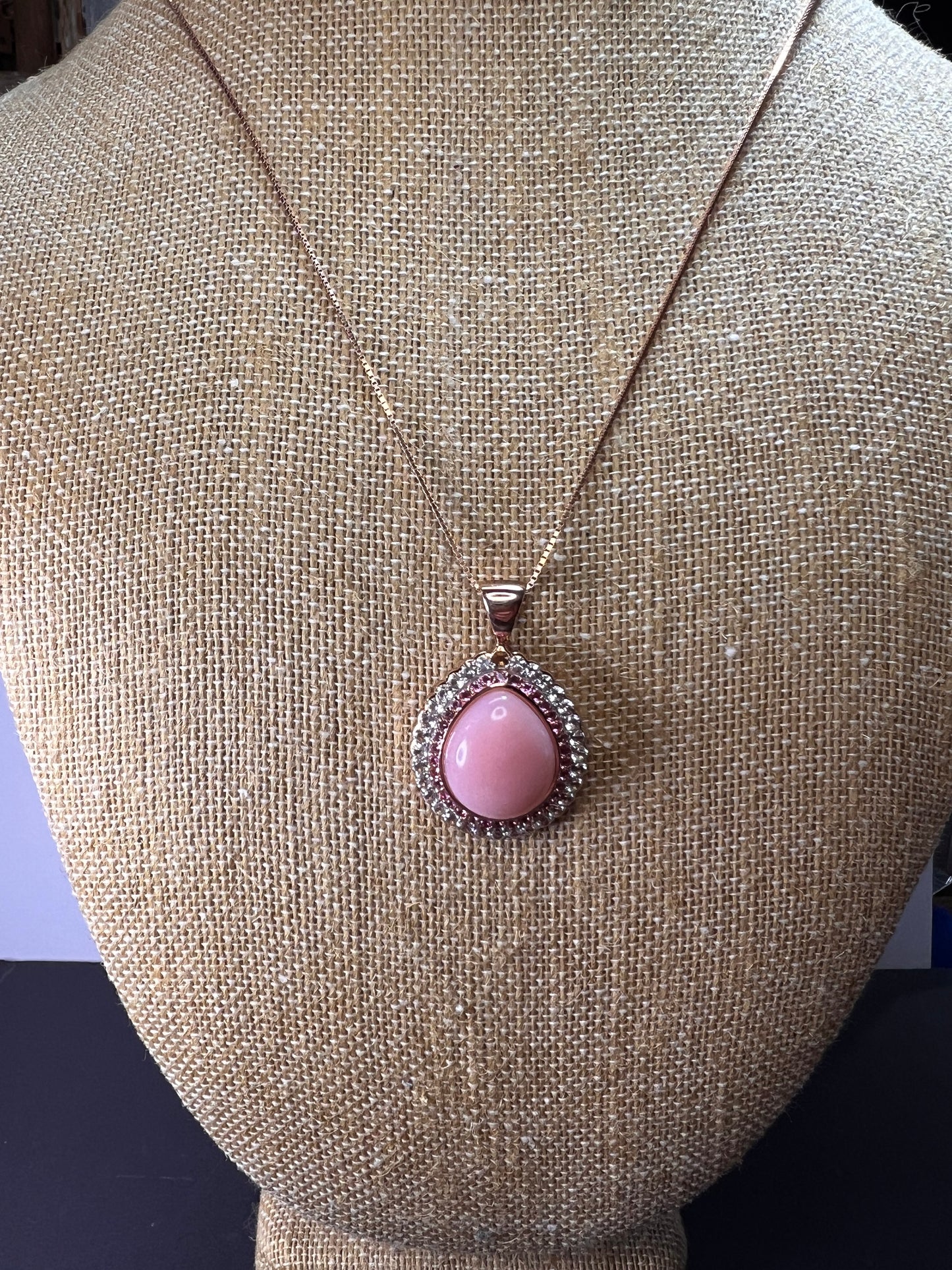 Pink opal, pink tourmaline and white topaz pendant necklace rose gold over sterling 18 inch chain