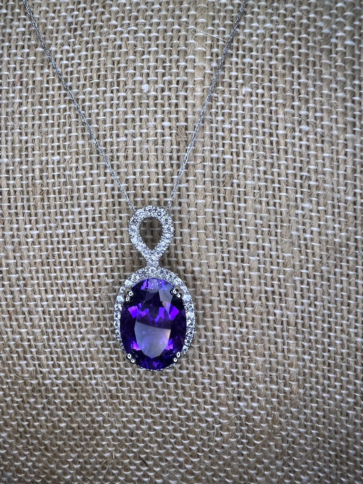 African amethyst 10k white gold and topaz halo pendant and chain necklace