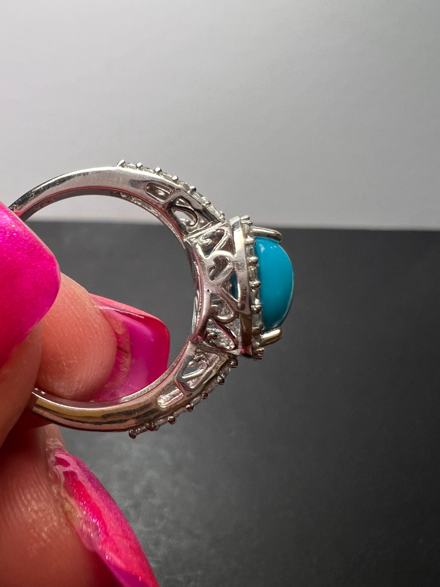 American sleeping beauty turquoise and zircon ring in platinum over sterling silver 2.60 ctw size 8