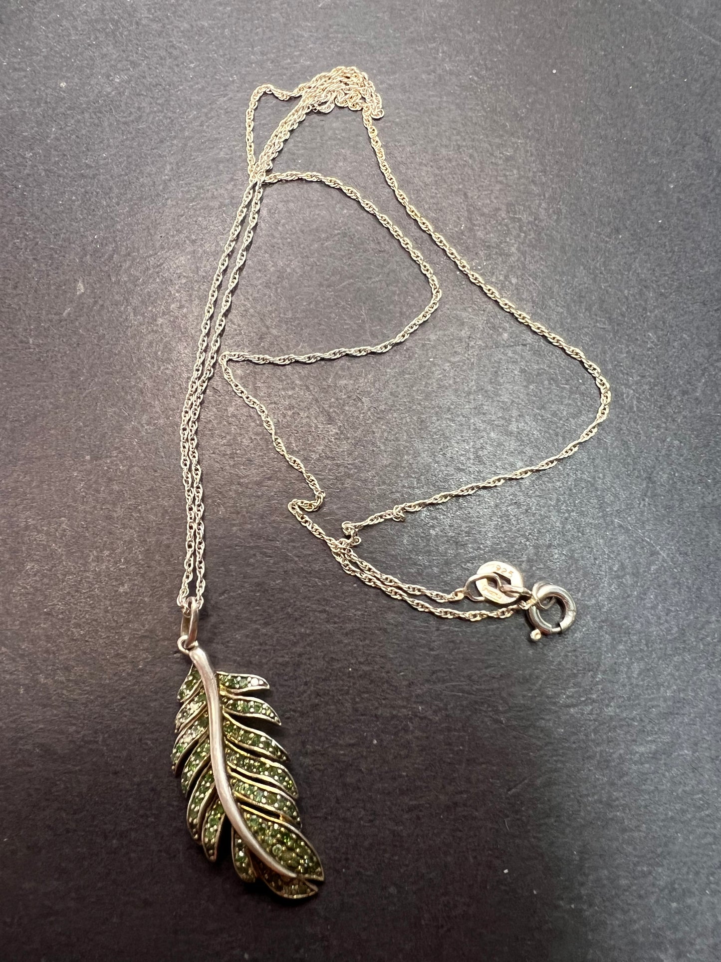 Natural green diamonds feather pendant and chain necklace in white gold over sterling silver