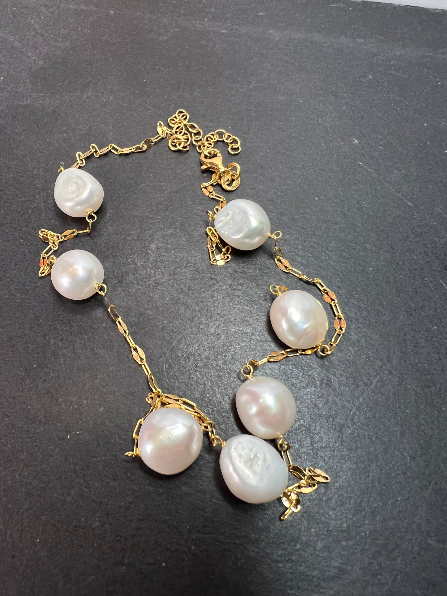 White Cultured Freshwater Pearl 18k Yellow Gold Over Sterling Silver Station Necklace