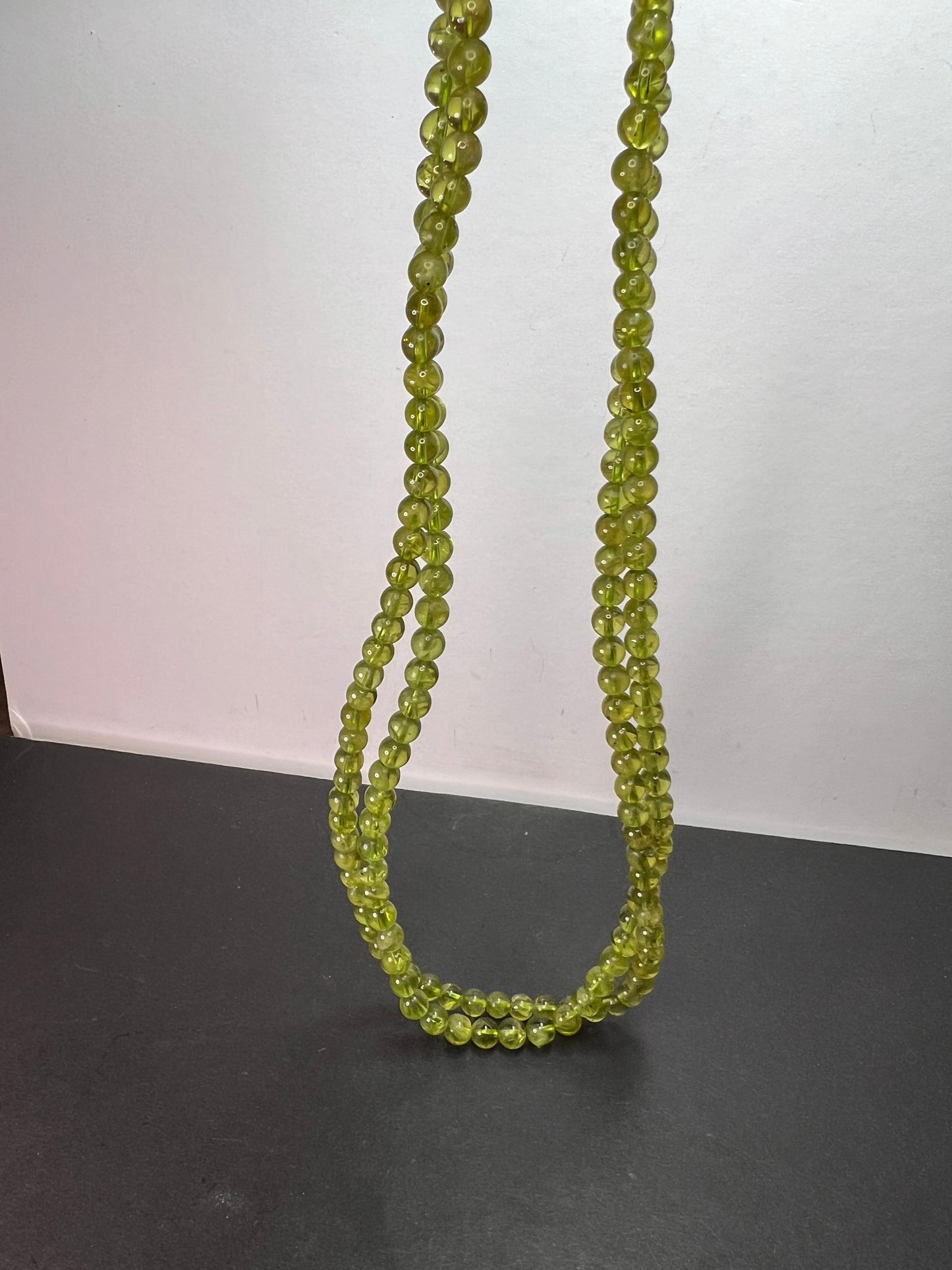 6mm high grade peridot beaded 36 inch necklace with sterling silver clasp